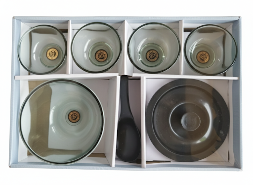 6 Pcs Glass Bowl Set with Lid & Spoon | 4 Small Glass Bowls + 1 Large Bowl with Lid