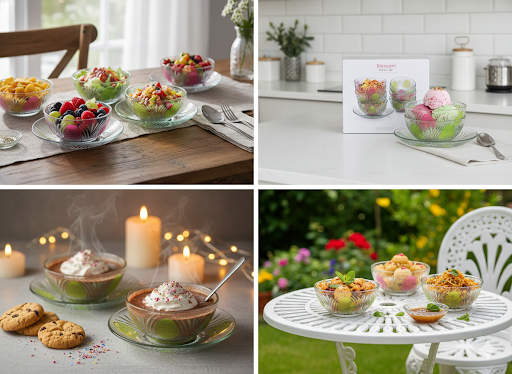 6 Pcs Glass Bowl Set with Lid & Spoon | 4 Small Glass Bowls + 1 Large Bowl with Lid
