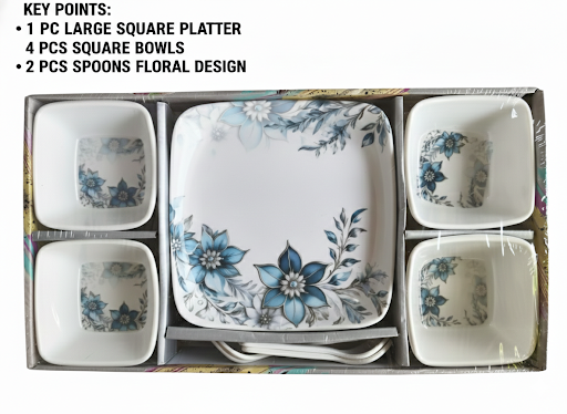 7 Pcs Serving Set with Square Platter | 4 Square Bowls + 2 Spoons | Floral Design Snack & Dessert Serving Set