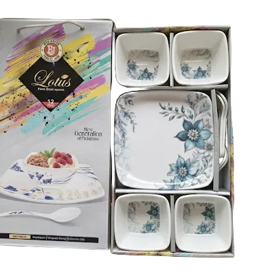 7 Pcs Serving Set with Square Platter | 4 Square Bowls + 2 Spoons | Floral Design Snack & Dessert Serving Set