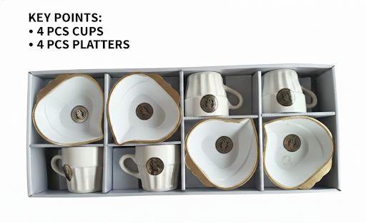 8 Pcs Cup & Platter Serving Set | 4 Cups + 4 Heart Shaped Platters | Tea, Coffee & Snack Serving Set