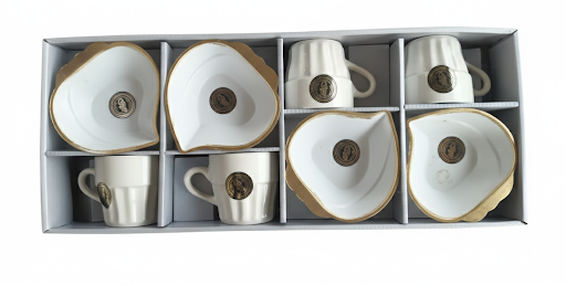 8 Pcs Cup & Platter Serving Set | 4 Cups + 4 Heart Shaped Platters | Tea, Coffee & Snack Serving Set