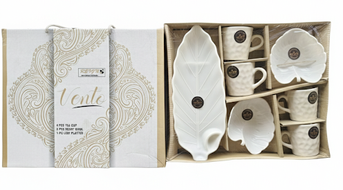 7 Pcs Tea Cup & Serving Set | 4 Tea Cups + 2 Heart Bowls + 1 Leaf Platter | Designer White Snack & Tea Serving Set