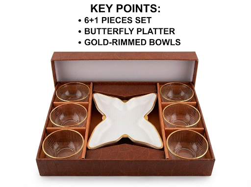 7 Pcs Serving Set with Butterfly Platter | 6 Glass Bowls with Gold Rim + 1 Designer Platter
