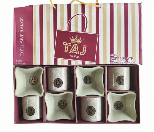 8 Pcs Cup & Bowl Serving Set | 4 Cups + 4 Square Bowls | Tea, Coffee & Snack Serving Set