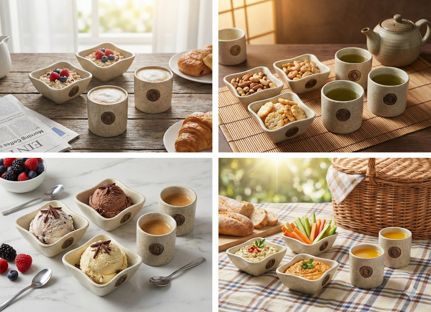 8 Pcs Cup & Bowl Serving Set | 4 Cups + 4 Square Bowls | Tea, Coffee & Snack Serving Set