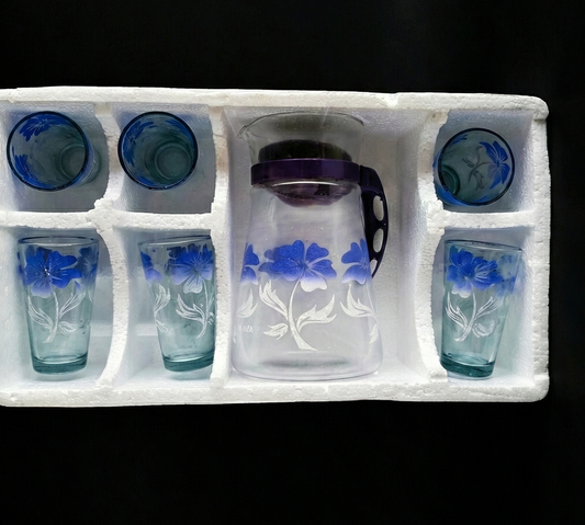 6 Pcs Glass Water Jug Set with Glasses | 1 Printed Jug + 5 Drinking Glasses