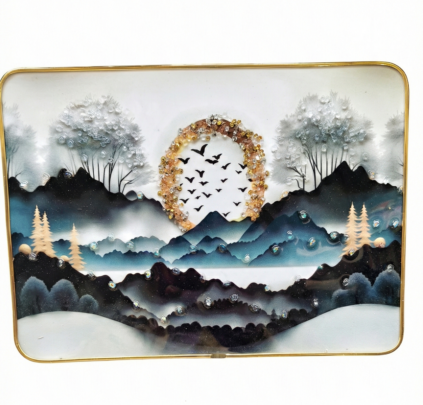 Luxury Gold Frame Wall Art Decor | 3D Embellished Mountain Landscape Painting