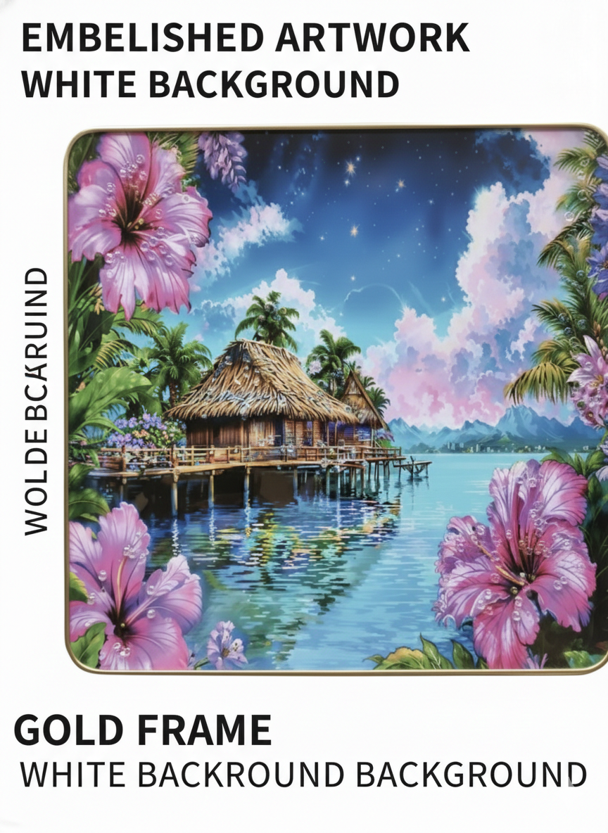 Decorative Printed Tray with Tropical Hut Design | Multipurpose Serving Tray with Gold Frame