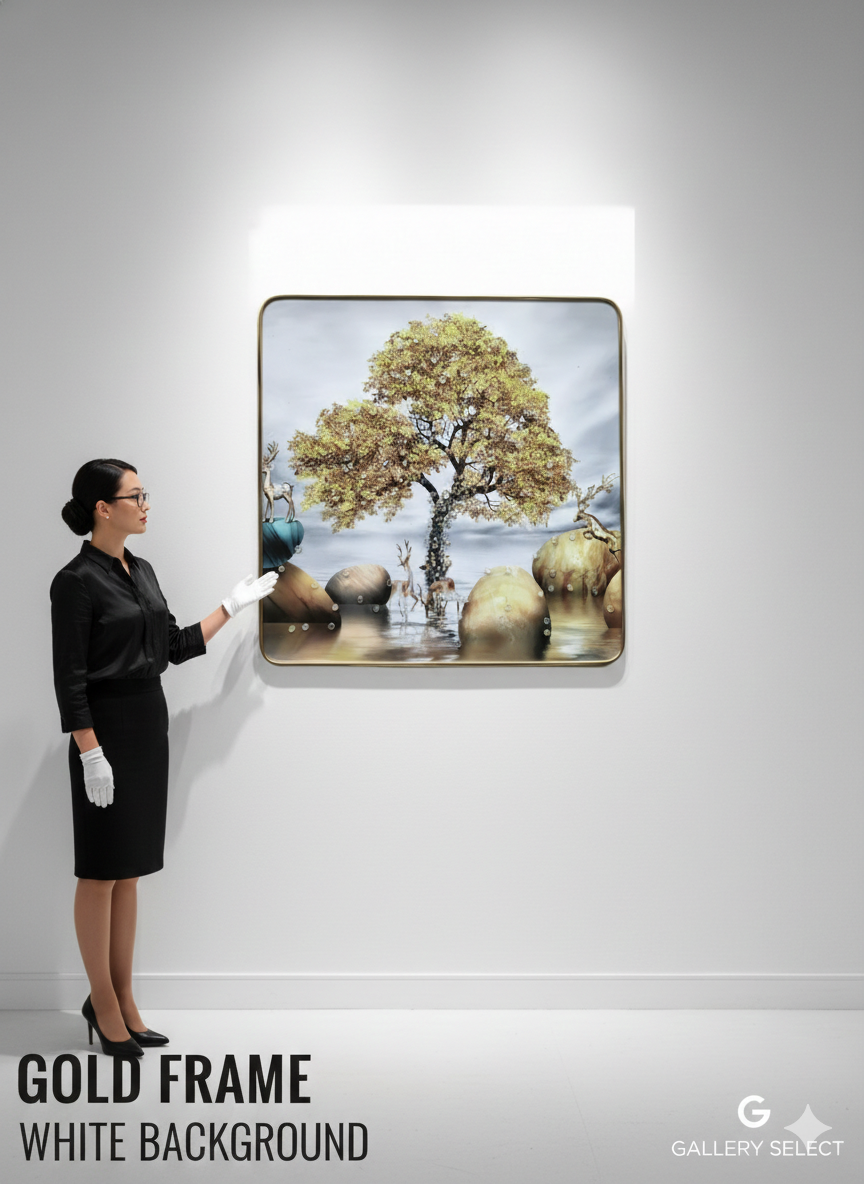 Luxury Decorative Serving Tray with Golden Tree & Deer Design | Premium Gold Frame Multipurpose Tray
