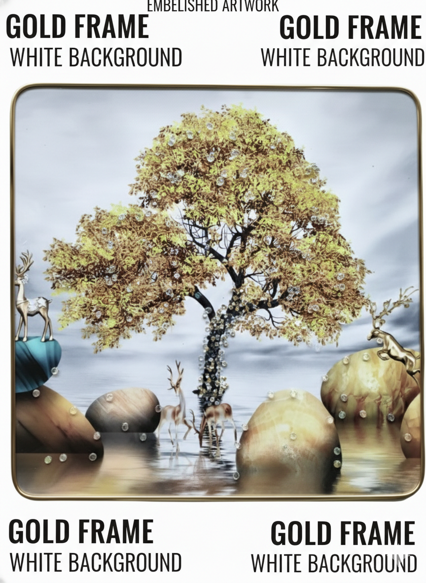 Luxury Decorative Serving Tray with Golden Tree & Deer Design | Premium Gold Frame Multipurpose Tray