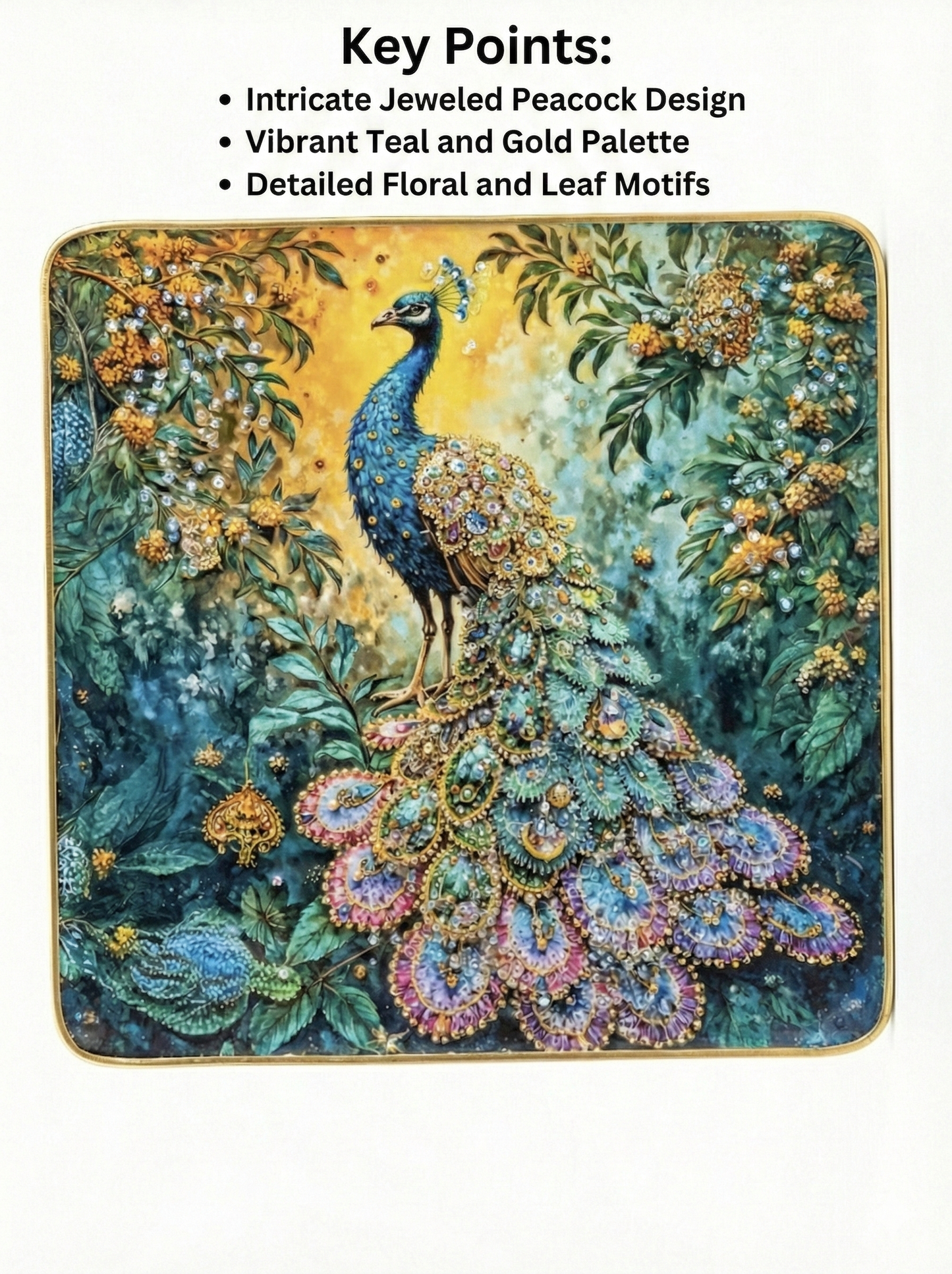 Decorative Peacock Printed Serving Tray with Gold Frame | Premium Teal & Gold Multipurpose Tray