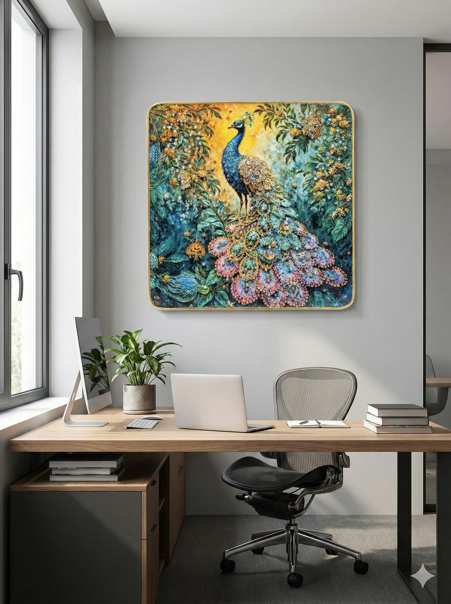 Decorative Peacock Printed Serving Tray with Gold Frame | Premium Teal & Gold Multipurpose Tray