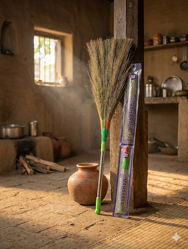 MAHARAJA 3D Grass Broom with Long Metal Handle | Heavy Duty Indian Jhadu for Home Cleaning