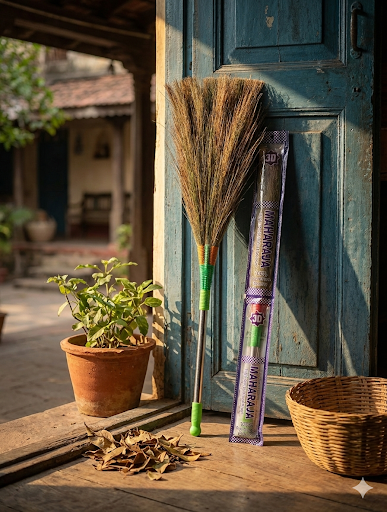 MAHARAJA 3D Grass Broom with Long Metal Handle | Heavy Duty Indian Jhadu for Home Cleaning
