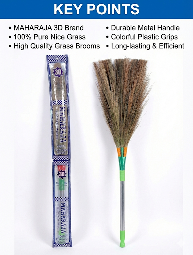 MAHARAJA 3D Grass Broom with Long Metal Handle | Heavy Duty Indian Jhadu for Home Cleaning