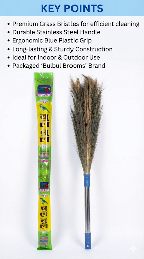 Bulbul Brooms Premium Grass Broom with Stainless Steel Handle | Long Stick Jhadu for Home Cleaning