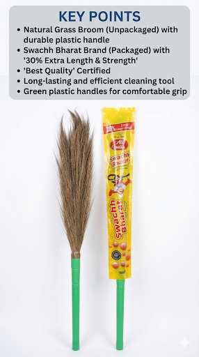 Swachh Bharat Natural Grass Broom with Plastic Handle | Long Stick Jhadu for Home Cleaning | 30% Extra Length Strong Broom