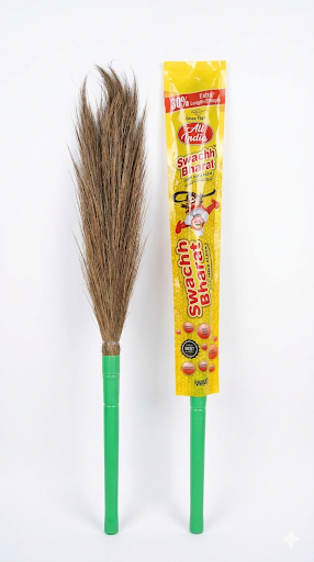 Swachh Bharat Natural Grass Broom with Plastic Handle | Long Stick Jhadu for Home Cleaning | 30% Extra Length Strong Broom