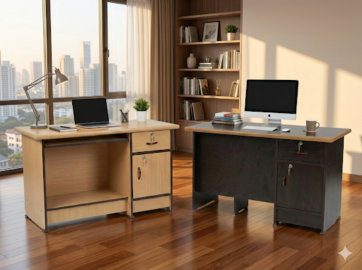Wooden Office Desk with Lockable Storage & Keyboard Tray | Computer Table for Home Office