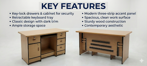 Modern Wooden Office Desk with Storage & Keyboard Tray Office Table with Lockable Drawers & Cabinet