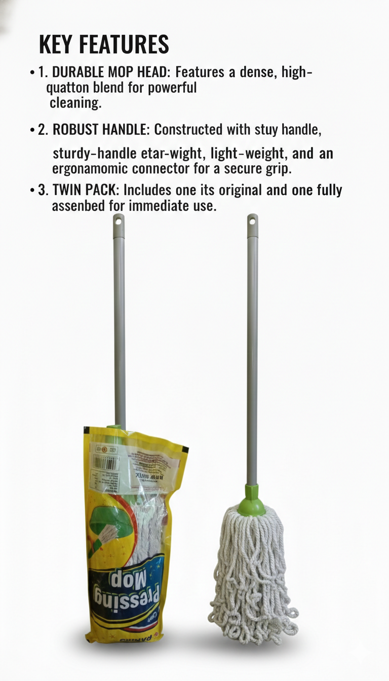 Premium Cotton Mop with Long Handle (Pack of 1) | Highly Absorbent Floor Cleaning Mop | Durable Mop Stick with Comfortable Grip