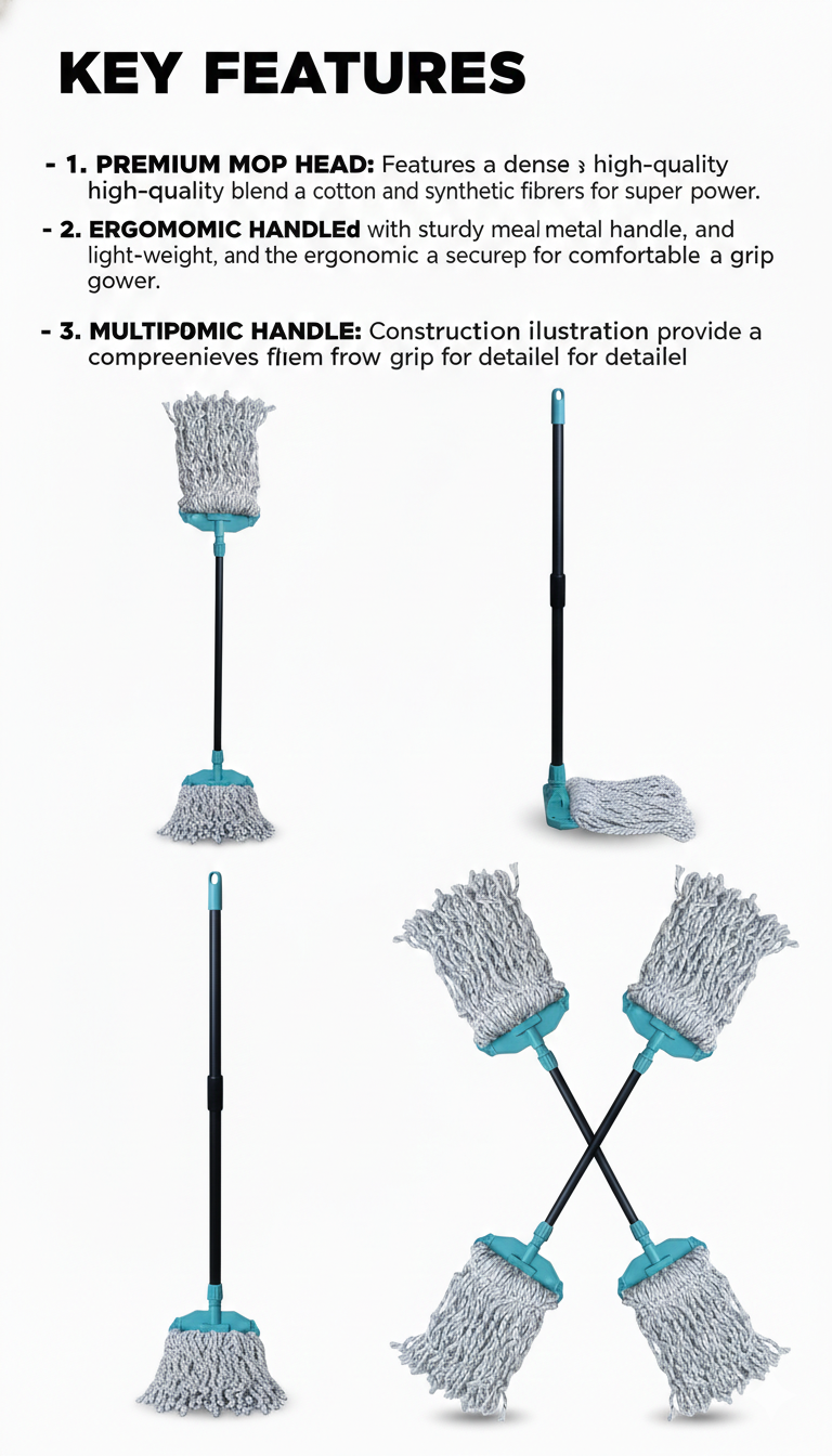 Premium Cotton & Microfiber Mop with Extendable Metal Handle | Heavy Duty Floor Cleaning Mop