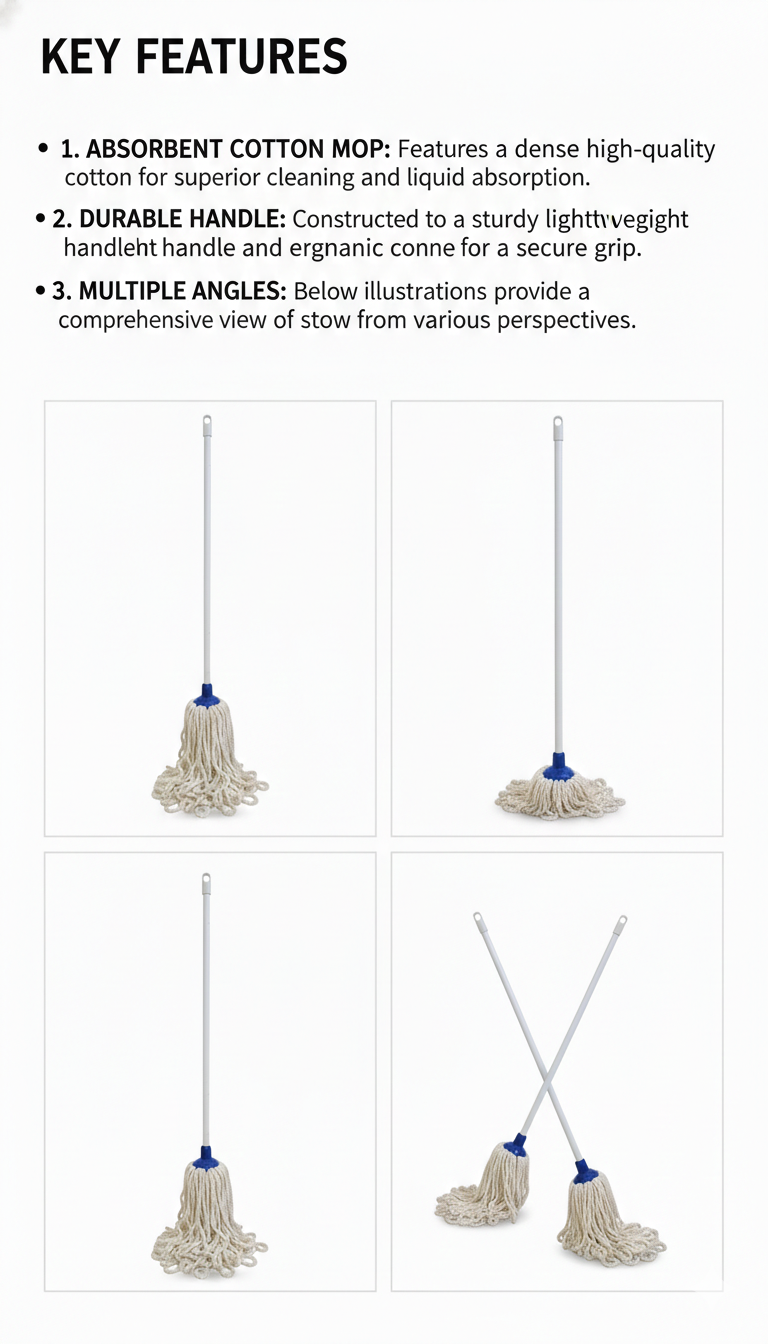 Absorbent Cotton Mop with Long Handle | Heavy Duty Floor Cleaning Mop