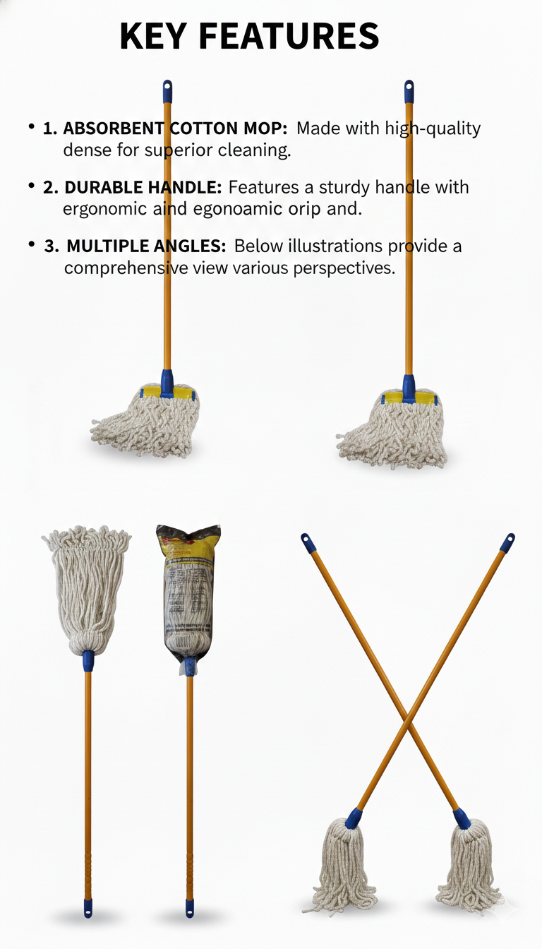 Cotton Floor Mop with Long Metal Handle | Highly Absorbent Cleaning Mop