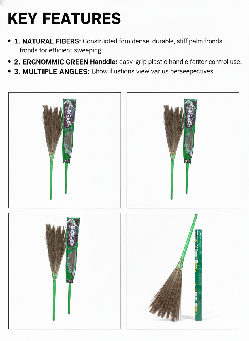 Natural Grass Broom with Plastic Handle | Palm Fiber Jhadu for Home Cleaning