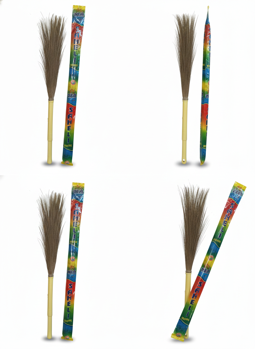 SHELI Natural Grass Broom with Plastic Handle | Long Stick Jhadu for Home Cleaning
