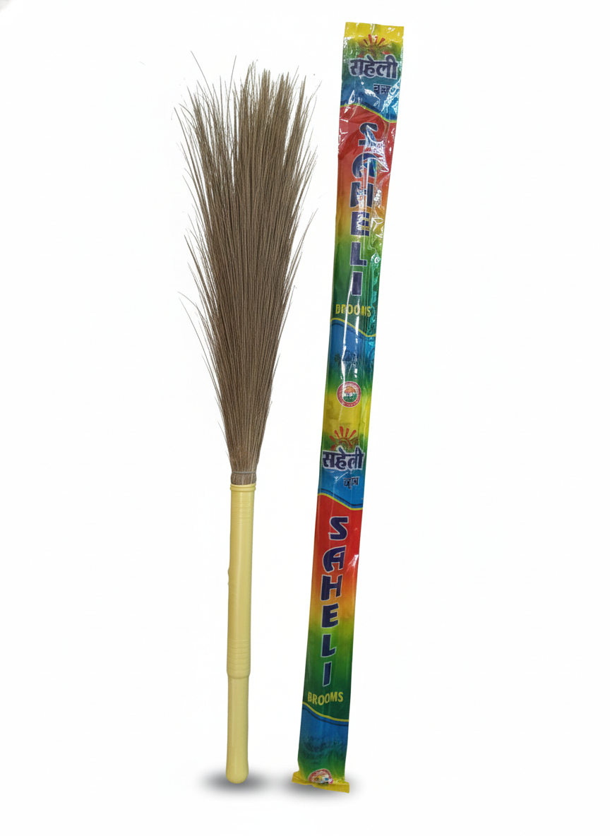 SHELI Natural Grass Broom with Plastic Handle | Long Stick Jhadu for Home Cleaning