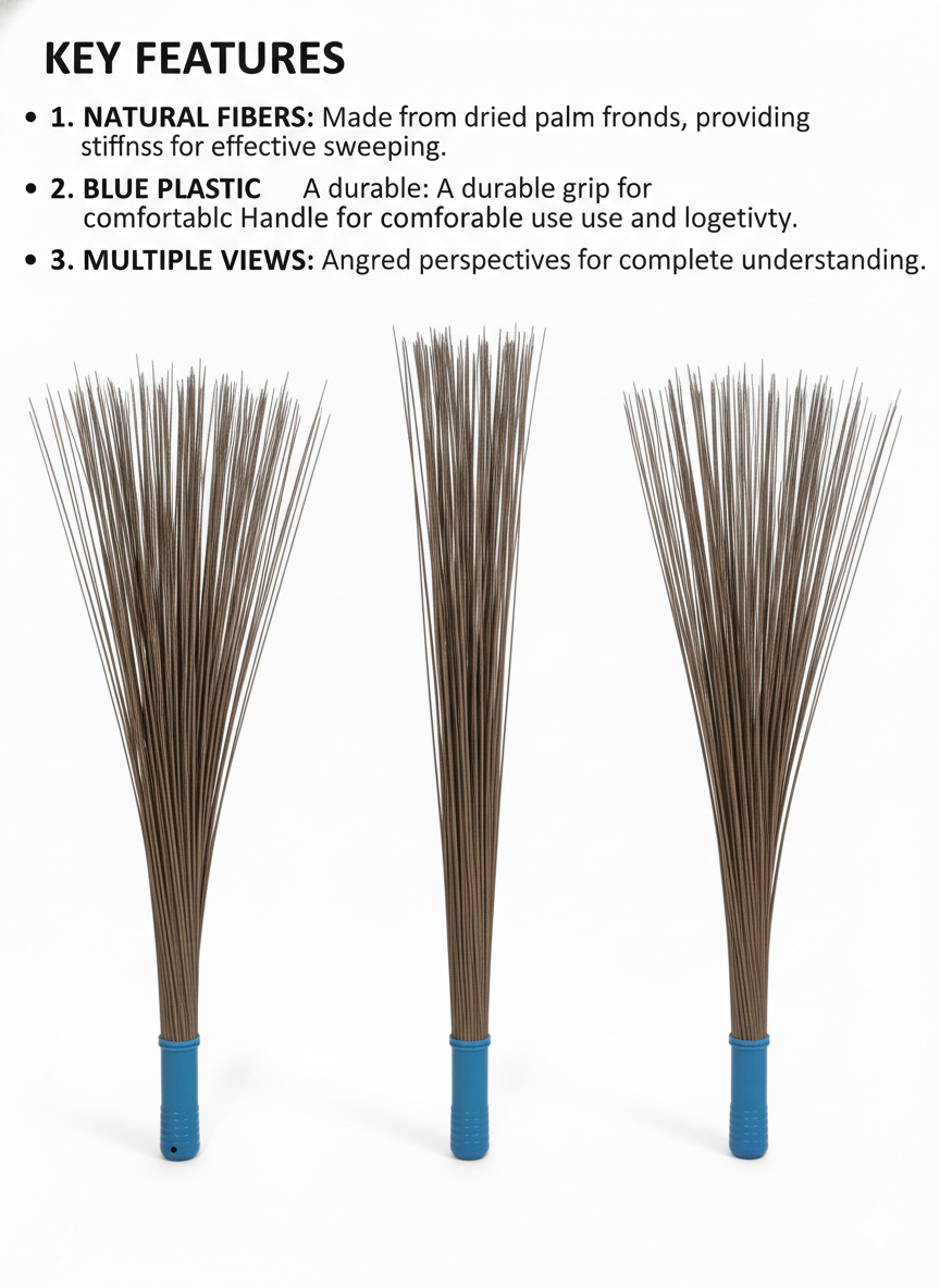 Natural Grass Hand Broom with Blue Plastic Grip | Palm Fiber Jhadu for Home Cleaning