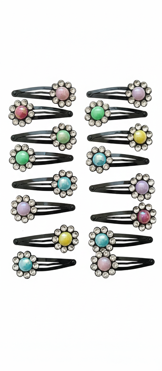 Crystal Flower Hair Clips for Women & Girls | Assorted Color Snap Hair Pins ( Set of 6 )