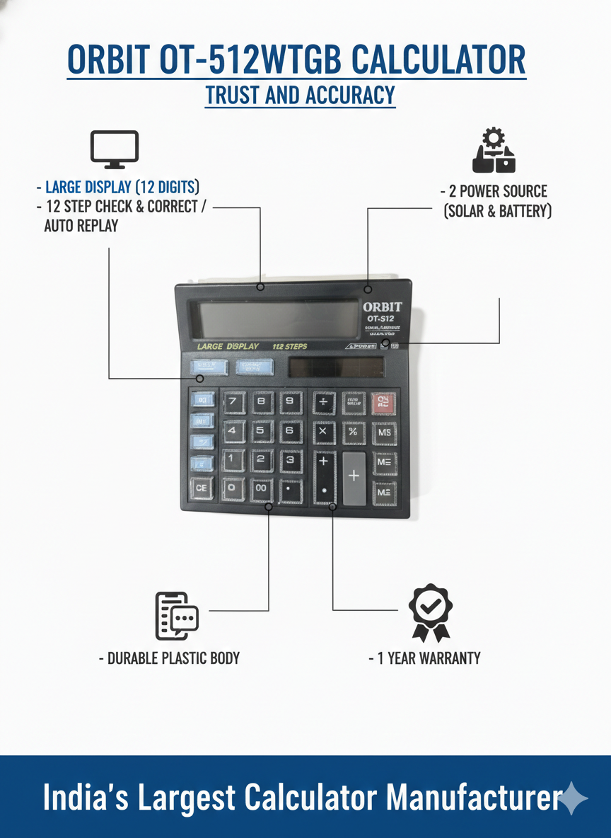 Orbit OT-512WTGB Calculator with 12 Digit Large Display, 12 Step Check and Correct, Auto Replay,