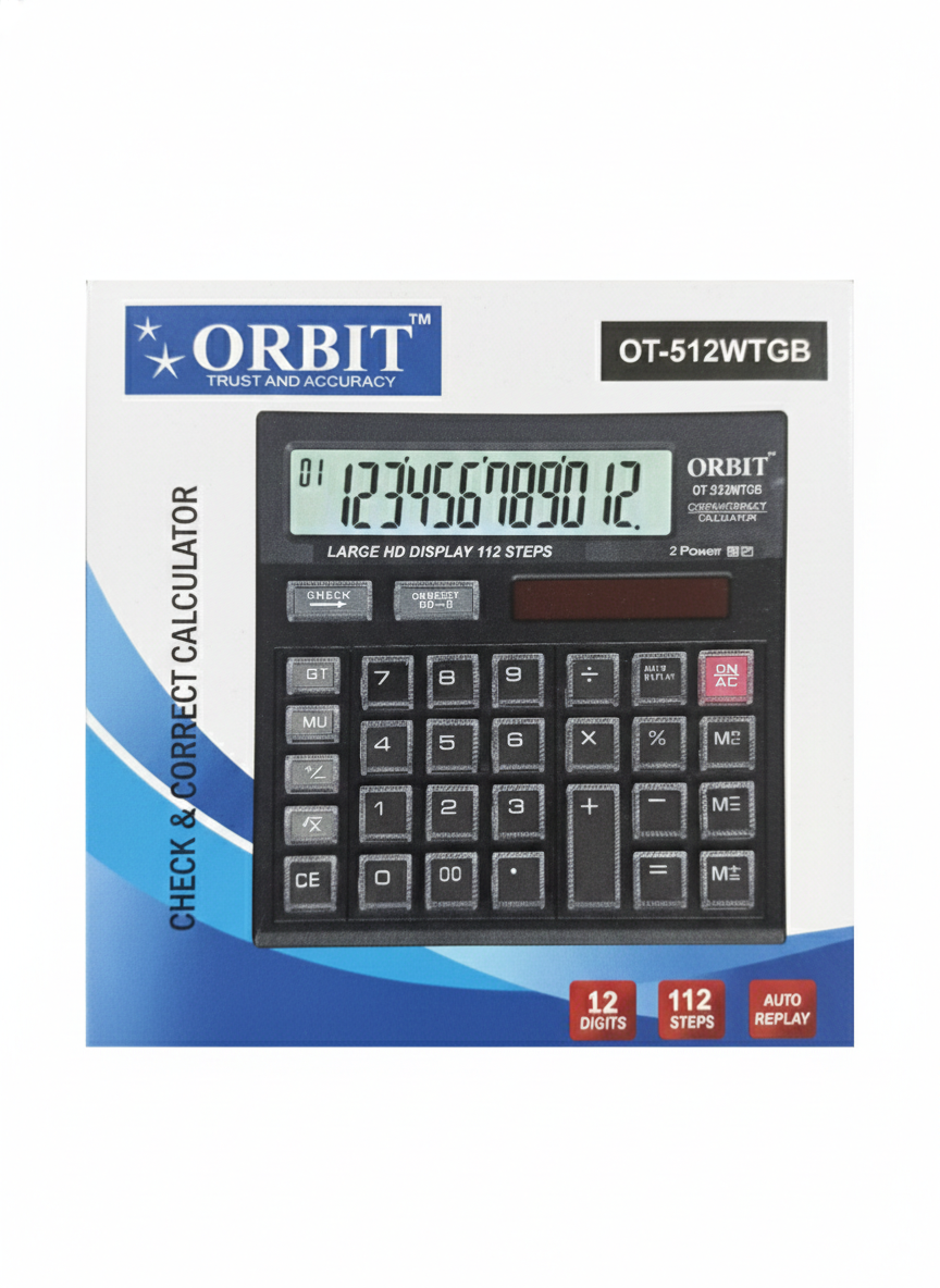 Orbit OT-512WTGB Calculator with 12 Digit Large Display, 12 Step Check and Correct, Auto Replay,