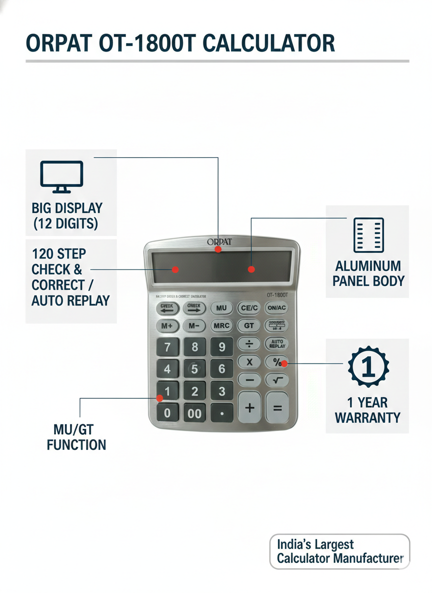Orpat OT-1800T Calculator with 12 Digit Display, 120 Step Check and Correct Function, Auto Replay