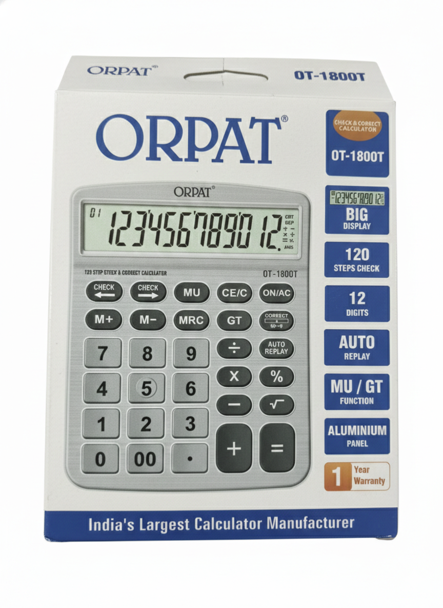 Orpat OT-1800T Calculator with 12 Digit Display, 120 Step Check and Correct Function, Auto Replay