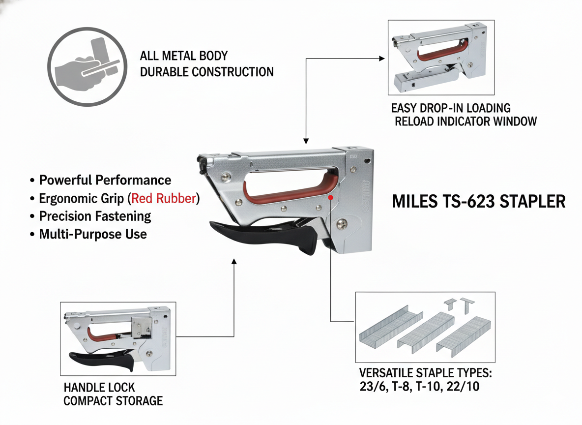 Miles TS-623 Heavy Duty Staple Gun Tacker, All Metal Body Stapler with Ergonomic Red Rubber Grip