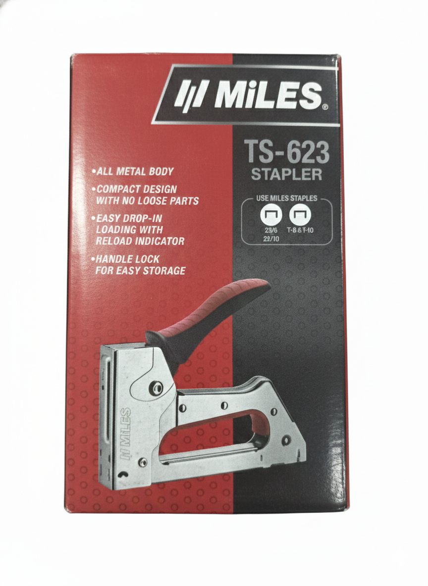 Miles TS-623 Heavy Duty Staple Gun Tacker, All Metal Body Stapler with Ergonomic Red Rubber Grip