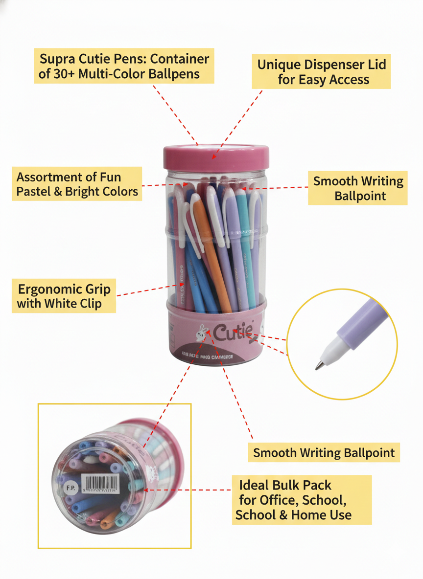 Supra Cutie Multi-Color Ball Pen Set, Container of 50+ Smooth Writing Ball Pens with Pastel and Bright Colors,