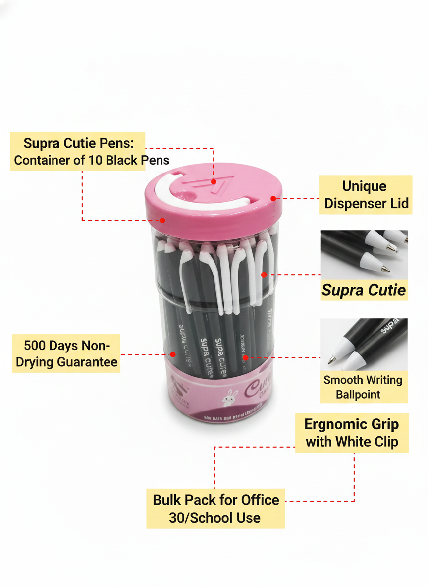 Supra Cutie Black Ball Pen Set, Container of 10 Smooth Writing Ball Pens with Ergonomic Grip and White Clip, Non-Drying Ink for Office, School and Home Use