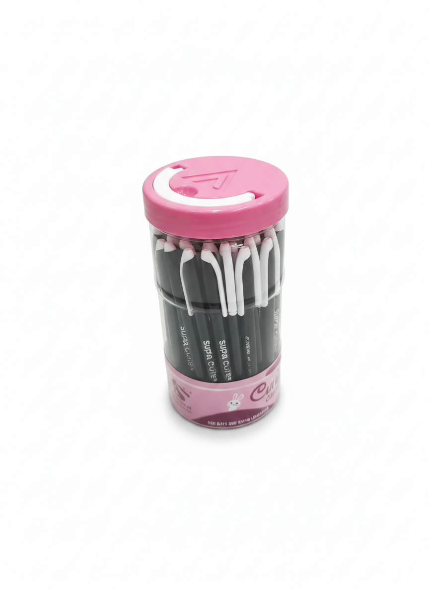 Supra Cutie Black Ball Pen Set, Container of 10 Smooth Writing Ball Pens with Ergonomic Grip and White Clip, Non-Drying Ink for Office, School and Home Use