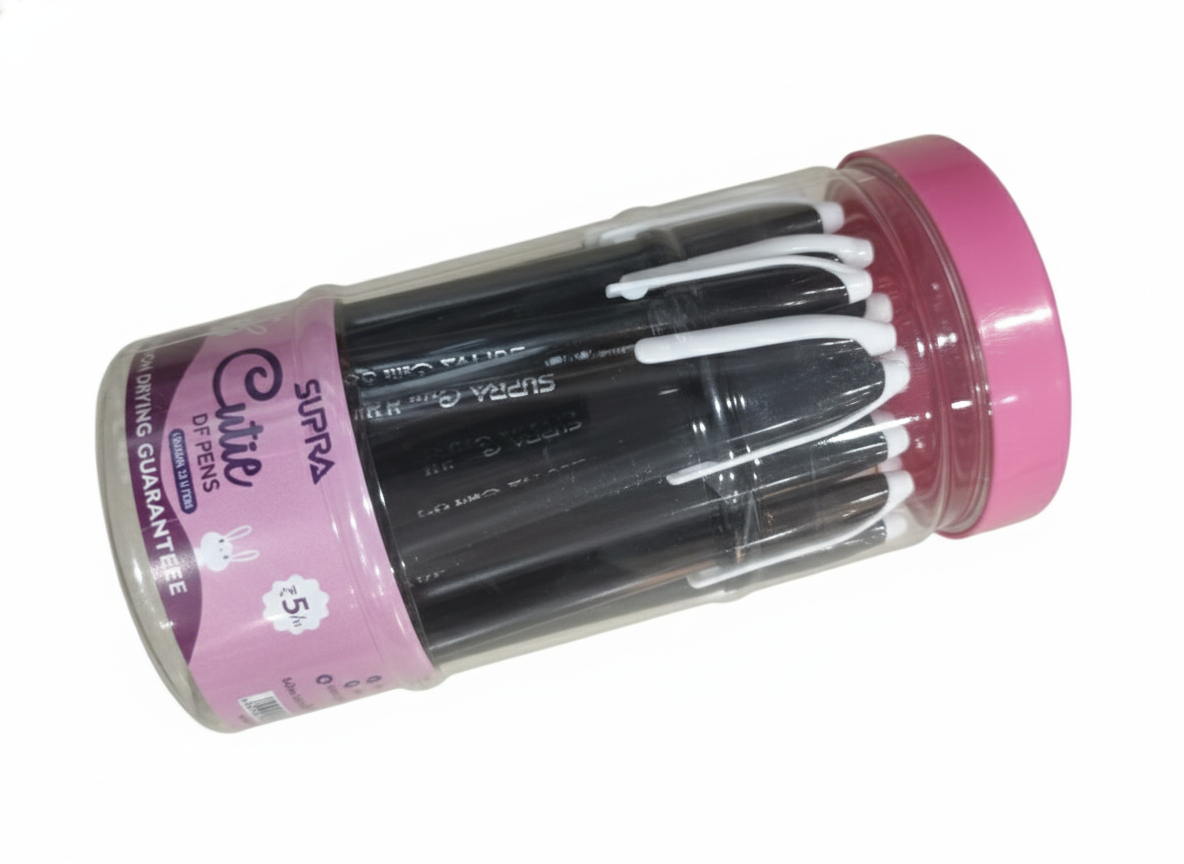 Supra Cutie Black Ball Pen Set, Container of 10 Smooth Writing Ball Pens with Ergonomic Grip and White Clip, Non-Drying Ink for Office, School and Home Use
