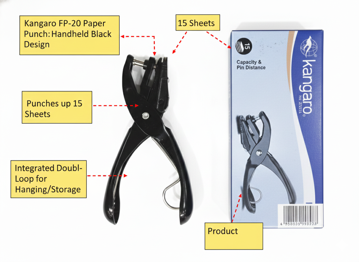 Kangaro FP-20 Paper Punch, Handheld Single Hole Punch for Up to 15 Sheets, Durable Black Metal Design with Hanging Loop for Office, School and Craft Use