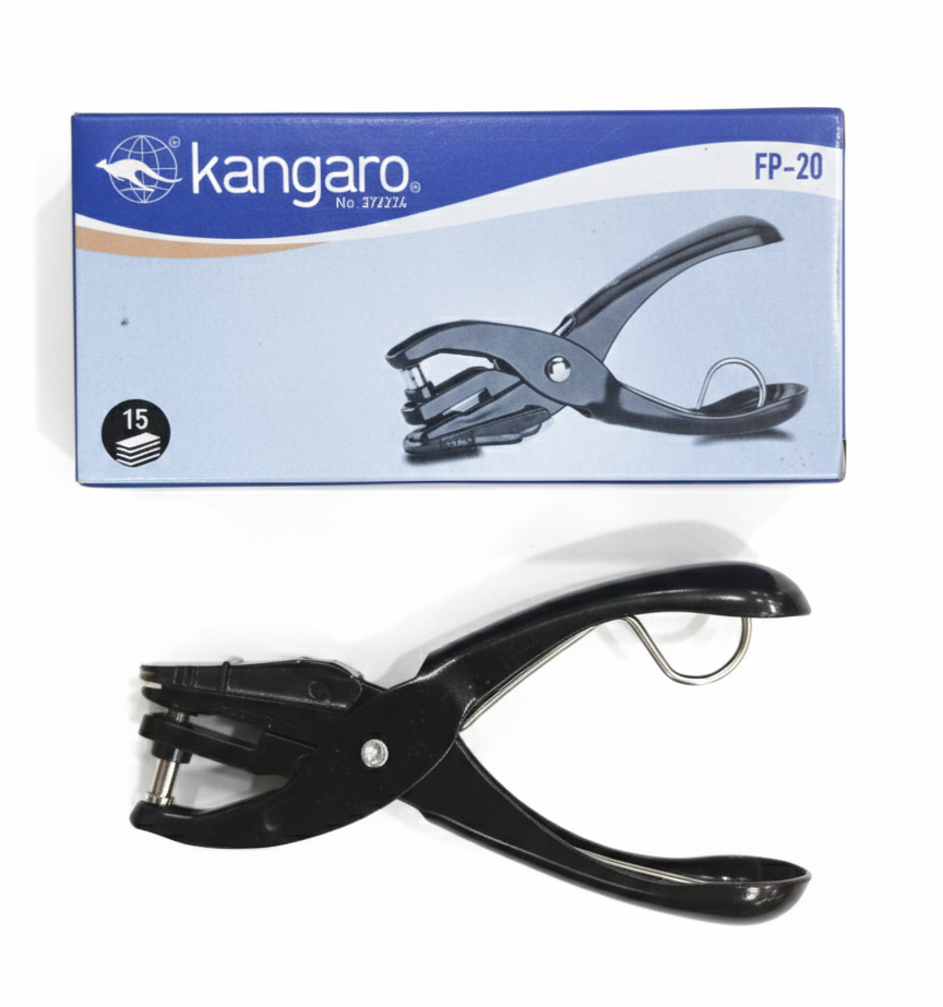 Kangaro FP-20 Paper Punch, Handheld Single Hole Punch for Up to 15 Sheets, Durable Black Metal Design with Hanging Loop for Office, School and Craft Use