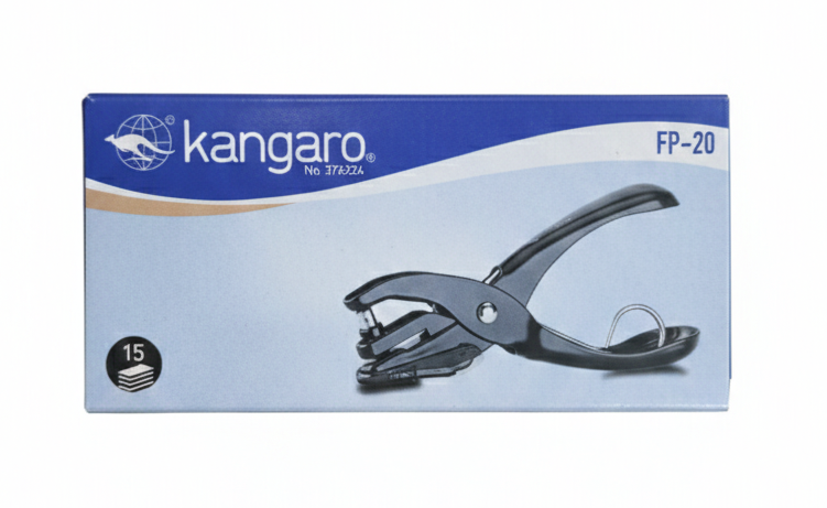 Kangaro FP-20 Paper Punch, Handheld Single Hole Punch for Up to 15 Sheets, Durable Black Metal Design with Hanging Loop for Office, School and Craft Use