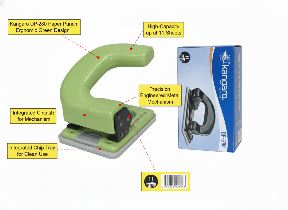 Kangaro DP-280 Paper Punch, 2 Hole Punch for Up to 11 Sheets, Ergonomic Green Design with Chip Tray and Precision Metal Mechanism for Office and School Use