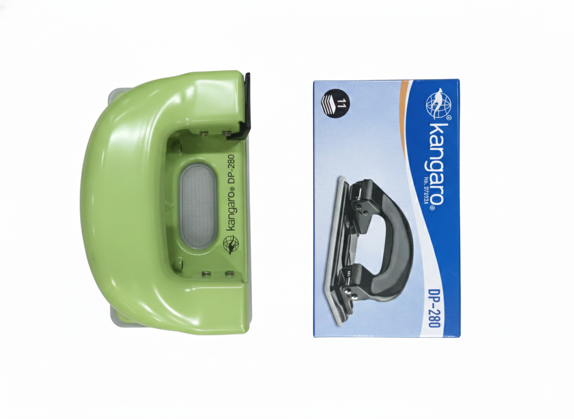 Kangaro DP-280 Paper Punch, 2 Hole Punch for Up to 11 Sheets, Ergonomic Green Design with Chip Tray and Precision Metal Mechanism for Office and School Use