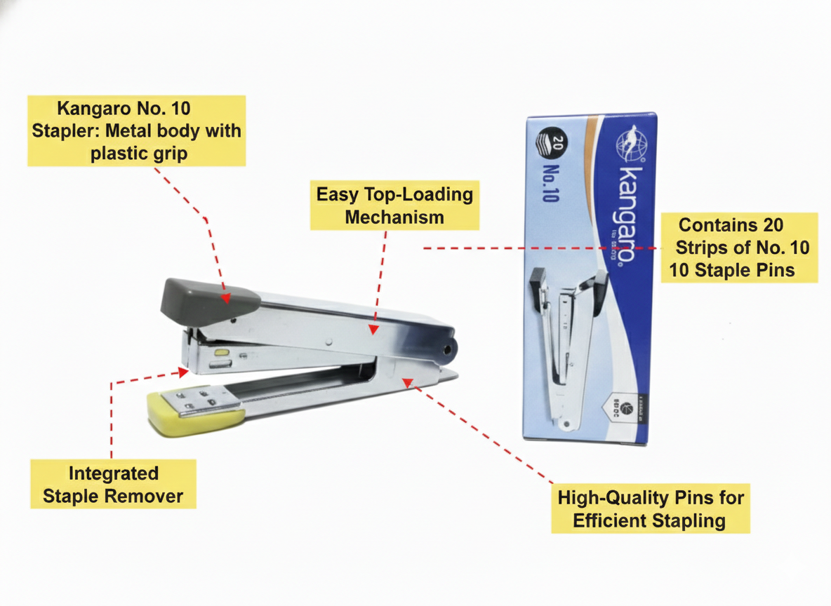 Kangaroo No.10 Stapler with Pins – Metal Body Stapler with Plastic Grip